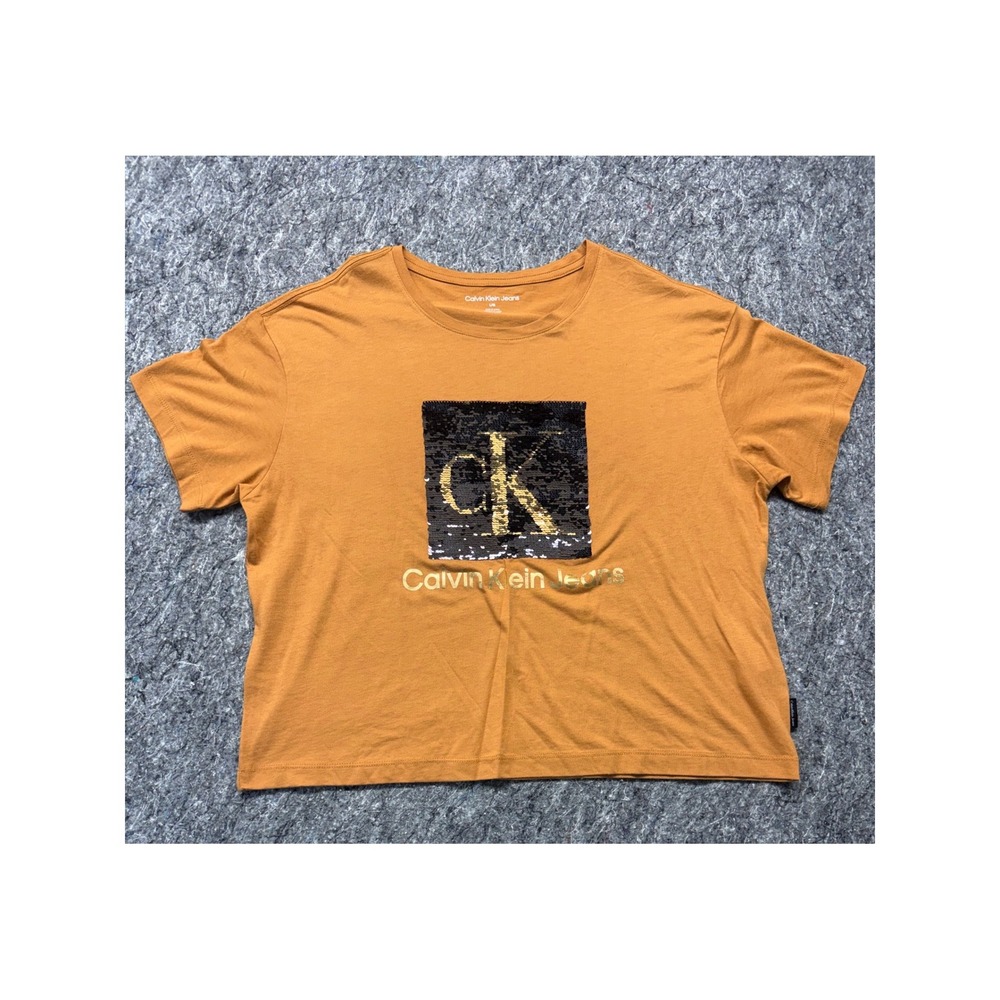 Calvin Klein Jeans Mustard Yellow Sequin Logo Boxy T-Shirt Womens Large L/G